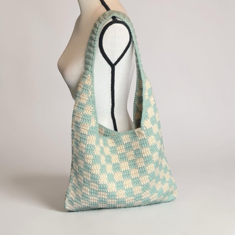 Handmade Sage & Cream Checker Checkerboard Crochet Shoulder Tote Bag
